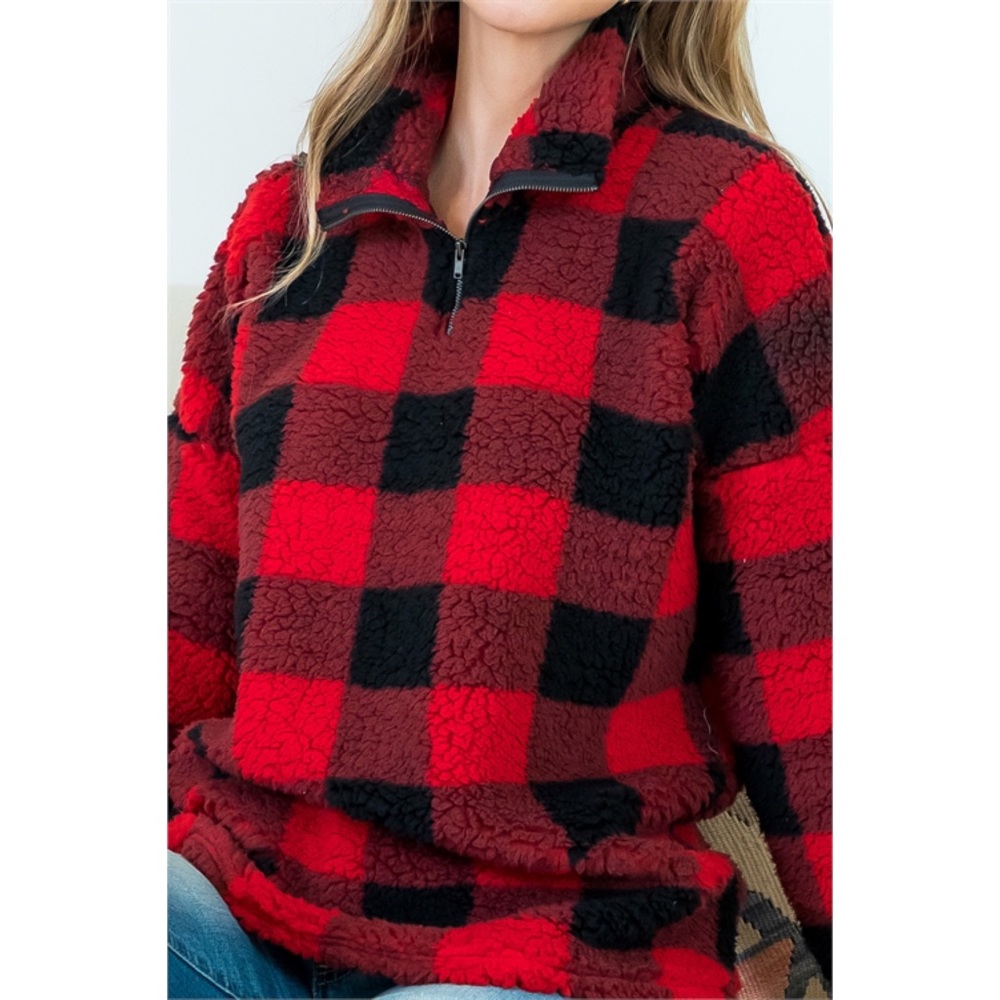 Buffalo Plaid Teddy Half Zip Pullover Jacket - Picture 3 of 9